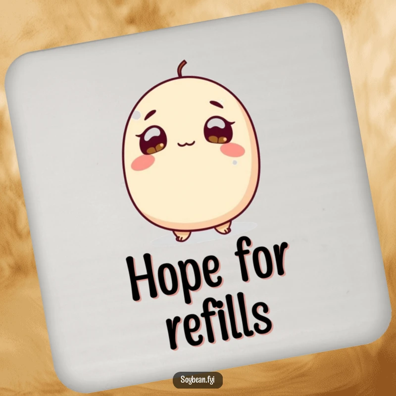 Funny Coaster: A curious soybean with wide, hopeful eyes looking up, adding a humorous and protective touch to drink placements.