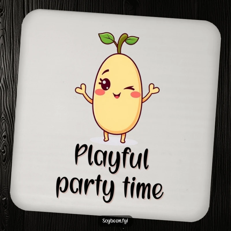 Funny soybean coaster with a playful anthropomorphic soybean giving a mischievous wink and a wave, adding a touch of humor to drink service.