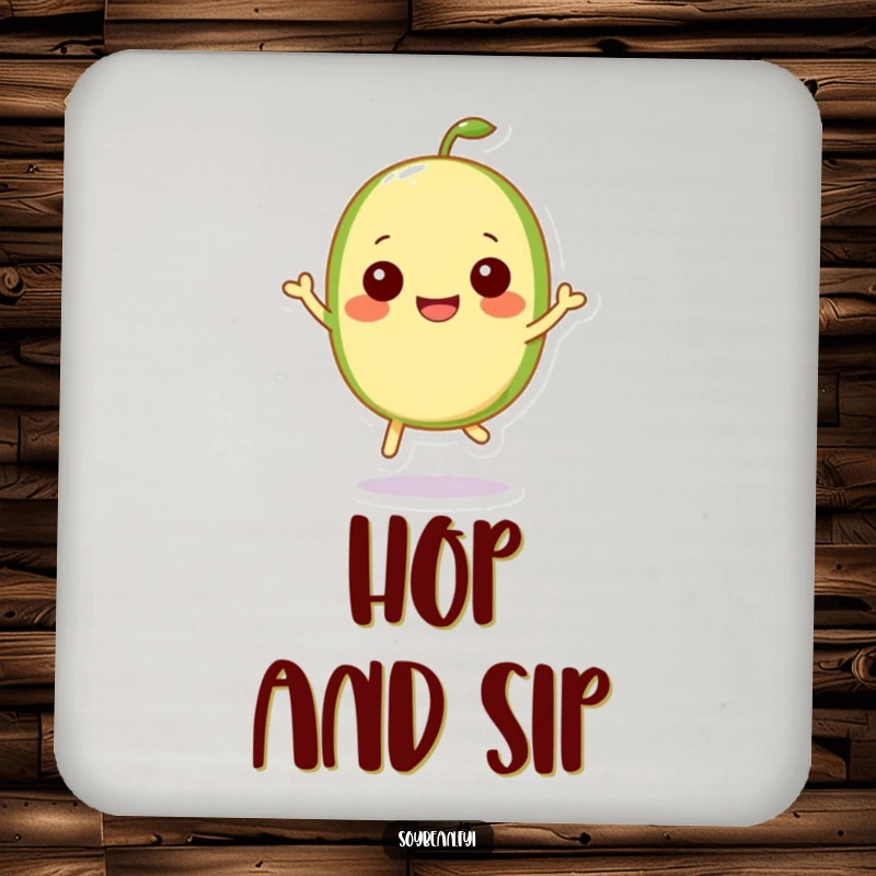 Funny Kawaii soybean character happily hopping, adding cheer and protection to this coaster.