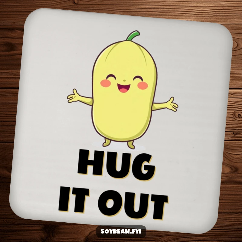Funny Soybean Coaster: A smiling soybean character with arms outstretched, offering a friendly hug.