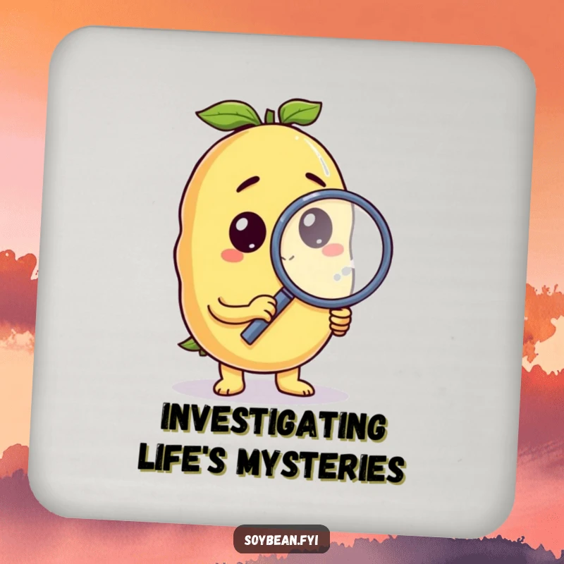 Funny soybean coaster with a curious anthropomorphic character holding a magnifying glass, offering surface protection and cartoon humor.
