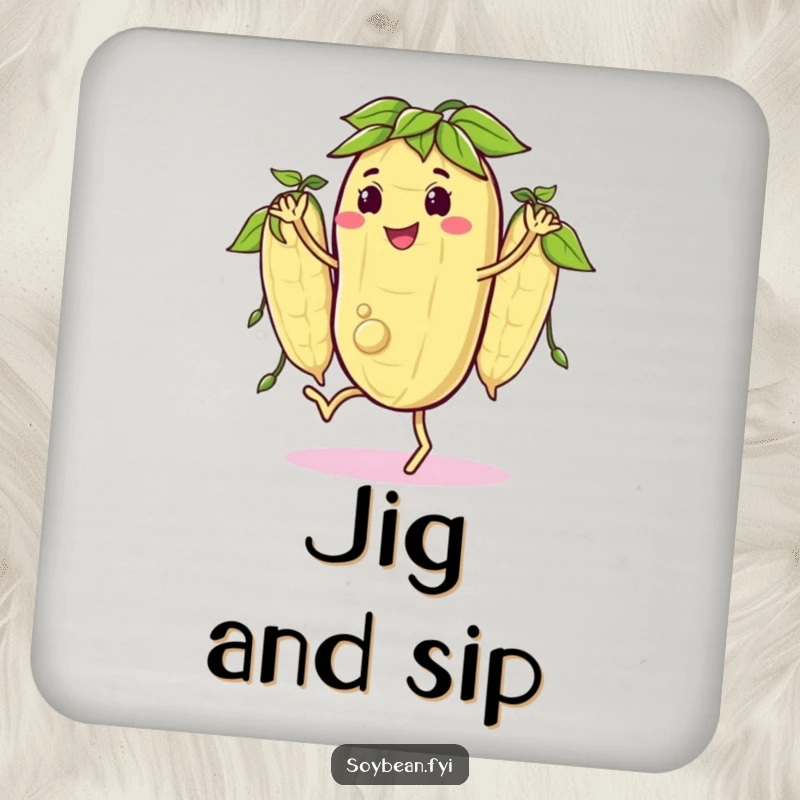 Funny drink coaster featuring a happy soybean character doing a little jig with its bean pods in sync, protecting surfaces with rhythmic humor.