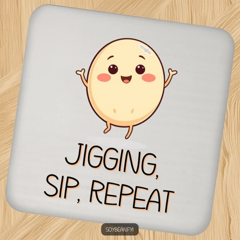 Funny coaster showcasing a soybean character doing a happy jig, adding a musical touch to drink protection.