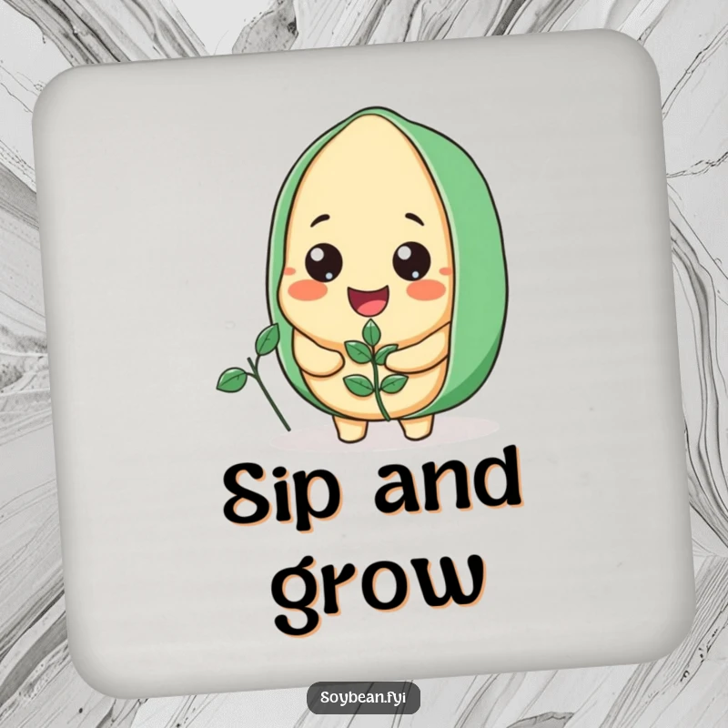 Funny Soybean Coaster with a happy soybean character holding a tiny plant, adding a protective, cheerful touch.
