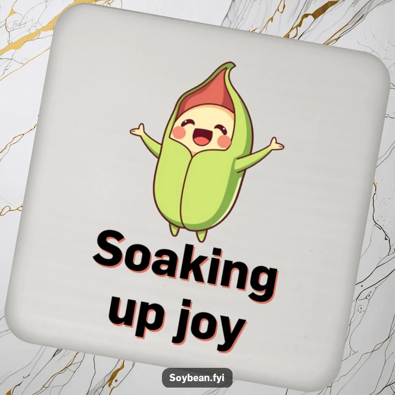 Funny drink coaster featuring a cheerful soybean pod bursting open with happiness, a small but impactful piece of humorous decor.