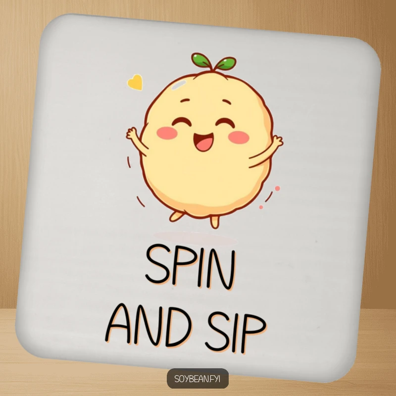 Funny Kawaii soybean character drink coaster, showcasing the character in a joyful bounce and spin with a look of pure delight.