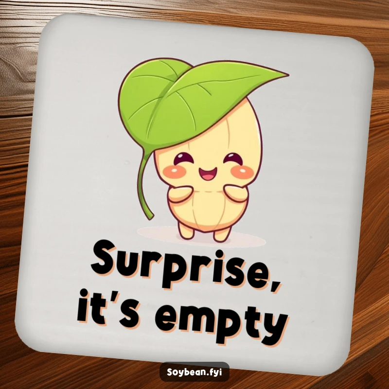 Funny kawaii soybean character giggling and playing peek-a-boo behind a large leaf, on a protective drink coaster.