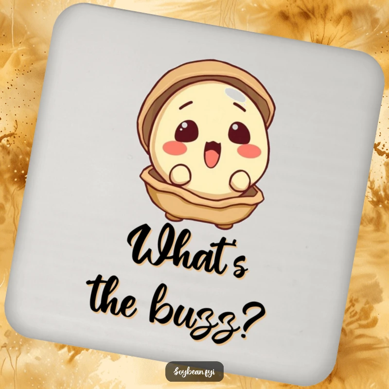 Funny drink coaster featuring a surprised soybean peeking curiously from its shell.