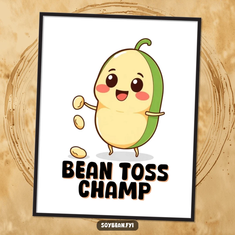 Funny Kawaii soybean character poster, smiling joyfully while launching a small bean, adding a humorous and cute touch to decor.