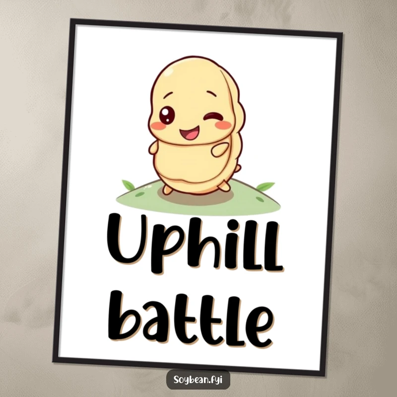 Funny poster featuring a happy soybean with a determined look, actively rolling uphill, symbolizing effort.