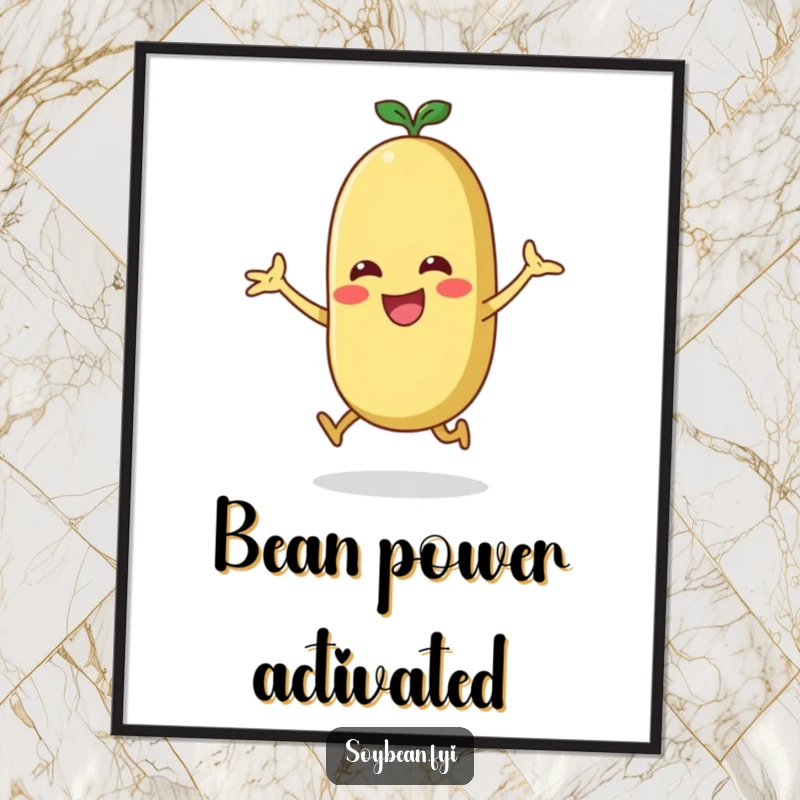 Funny energetic soybean doing a jumping jack, dynamic and inspiring wall art poster.