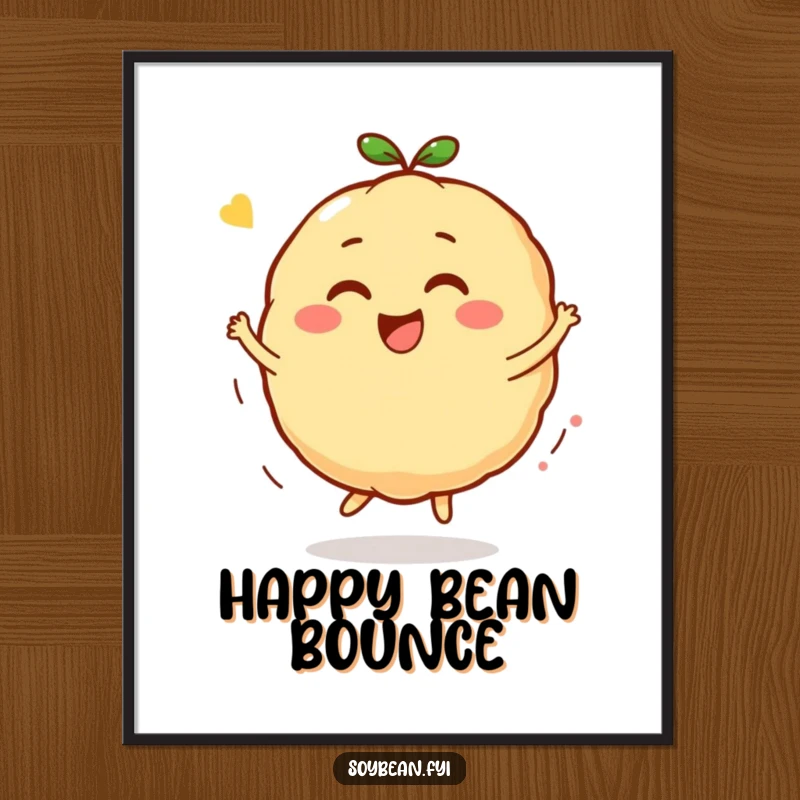 Funny Kawaii soybean character poster print, capturing the character in a delightful bounce and spin with an expression of pure bliss.
