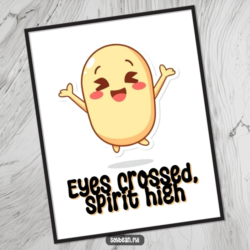 Funny poster capturing a kawaii soybean character in a euphoric jump, complete with delightfully crossed eyes and a cheerful demeanor.