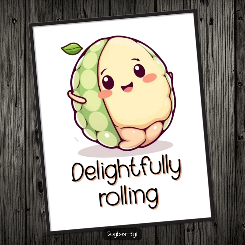 Funny Kawaii soybean character poster print, capturing the character rolling like a tiny ball with an expression of pure, unadulterated bliss.