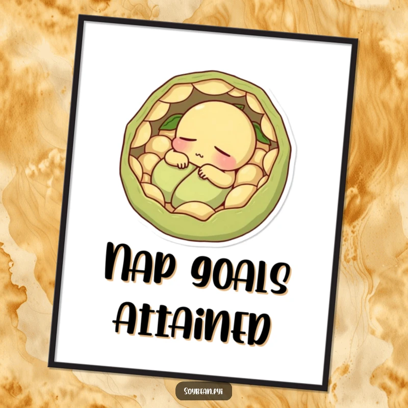 Funny contented soybean character napping peacefully within pods, relaxing wall art poster.