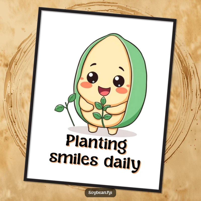 Funny Soybean Poster of a happy soybean character with a wide smile, holding a delicate small plant, bringing joy to walls.