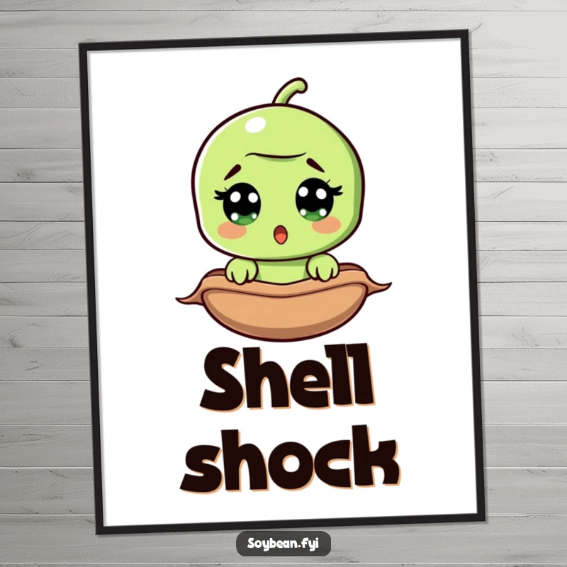 Funny surprised soybean poster, wide-eyed bean peeking from pod, vibrant veggie art, adds humor to any space.