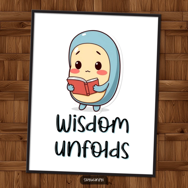 Funny poster illustration of a thoughtful soybean character holding a small book, perfect for wall decor that celebrates reading and intellect.