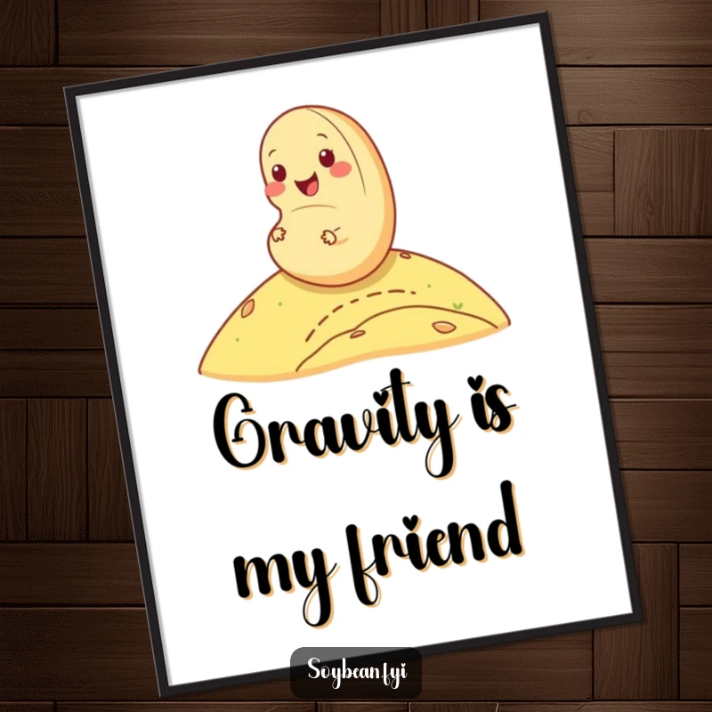 Funny cheerful soybean poster rolling down a hill, a dynamic illustration of pure happiness, an amazing funny gift.