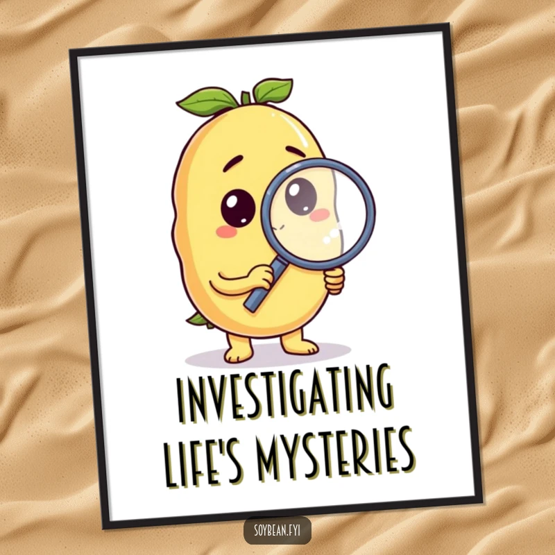 Funny soybean poster of a curious anthropomorphic character holding a magnifying glass, ideal for humorous decor.