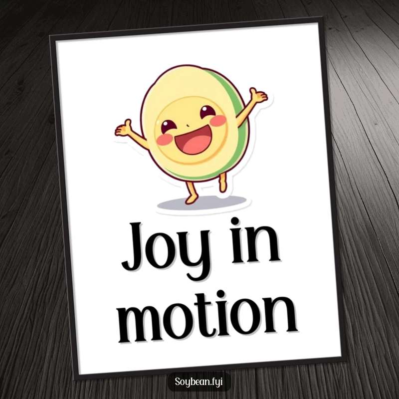 Funny poster of a kawaii soybean performing a cartwheel with a huge grin, bringing energetic and humorous fun to wall decor, a fun gift.