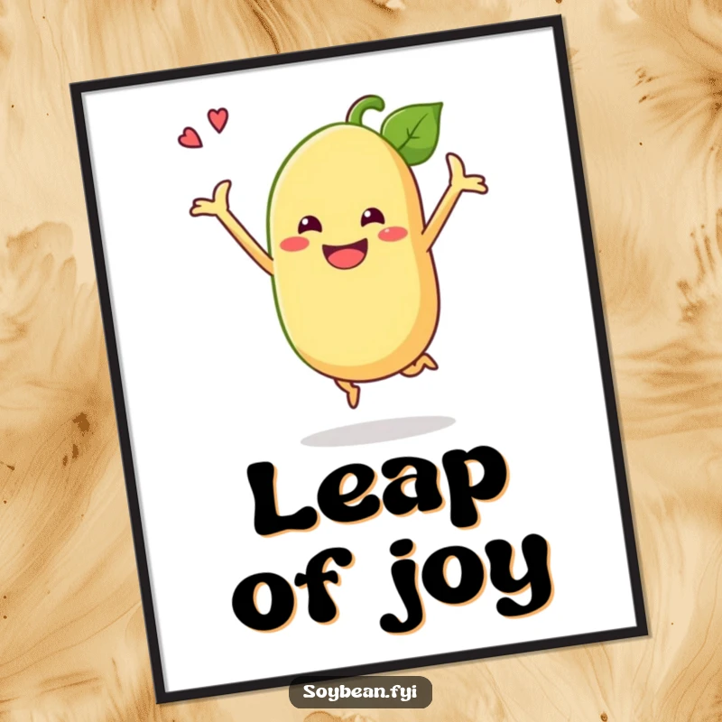 Funny soybean poster with a grinning anthropomorphic soybean doing a celebratory jump, creating cheerful and humorous wall art.