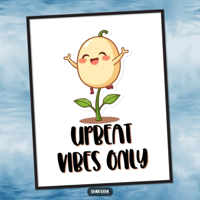 Funny poster of a delighted soybean character playfully bouncing on a single sprout, adding a lively and humorous artistic touch.