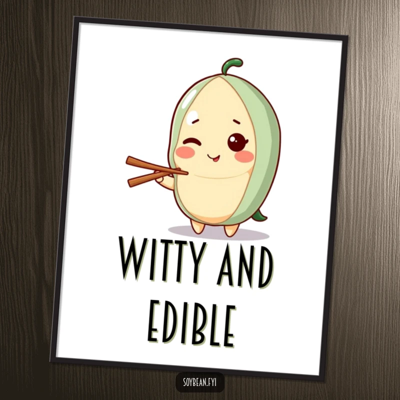 Funny poster showcasing a cute kawaii soybean character giving a charming wink while holding a chopstick, full of playful personality.