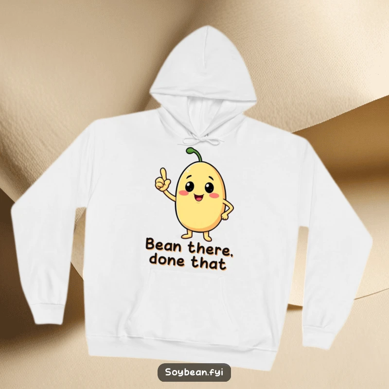 Funny soybean hoodie with a beaming anthropomorphic character giving a confident nod, perfect for cozy assurance.