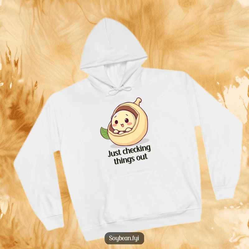 Funny curious soybean hoodie peeking out from a pod, the epitome of cozy exploration and gentle fun, ideal funny gift.