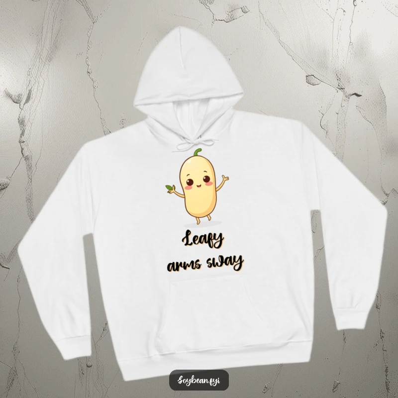 Funny hoodie depicting a cheerful soybean dancing with its leafy arms, radiating comfort and playful energy, ideal for cozy, amusing wear.