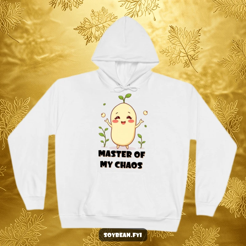 Funny happy soybean hoodie grinning while juggling tiny sprouts, the epitome of cozy fun and impressive skills, ideal funny gift.