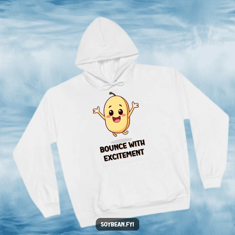 Funny hoodie depicting a cheerful soybean character in an energetic jump, radiating fun and warmth, ideal for cozy, amusing wear.
