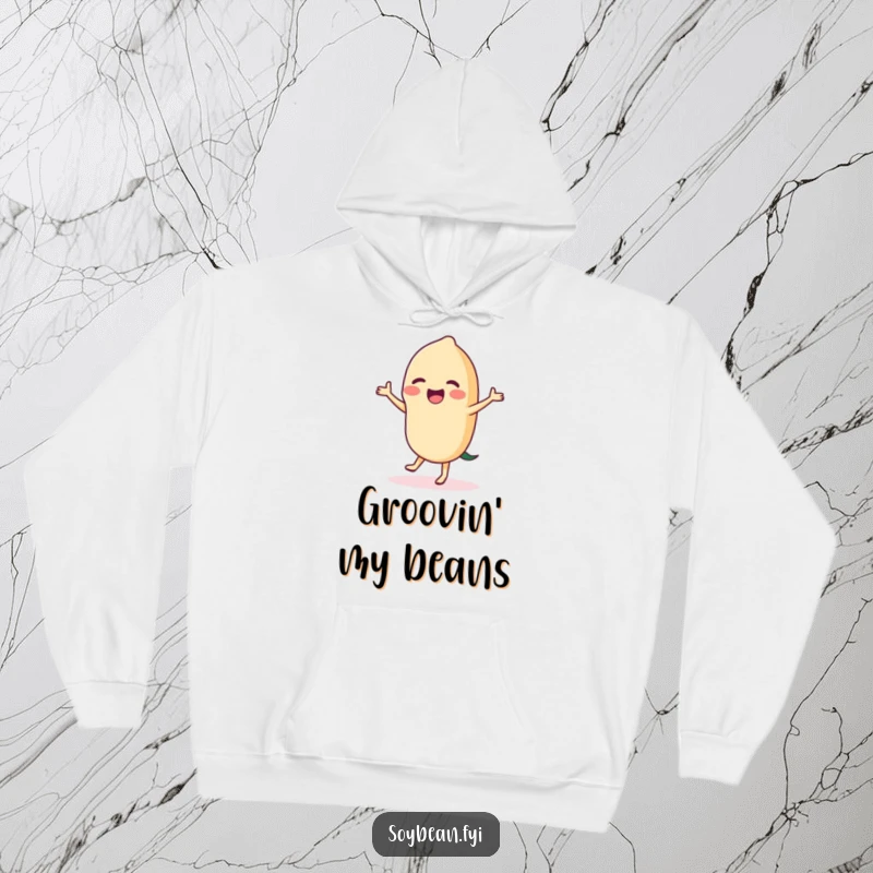 Funny dancing soybean hoodie design, illustrating a delighted bean grooving with infectious enthusiasm and playful energy.