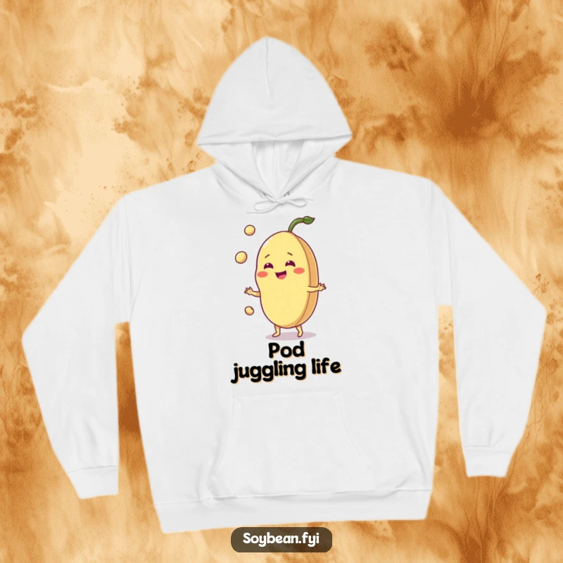 Funny jovial soybean hoodie, grinning bean juggling pods, warm and comfortable, cheerful veggie character.