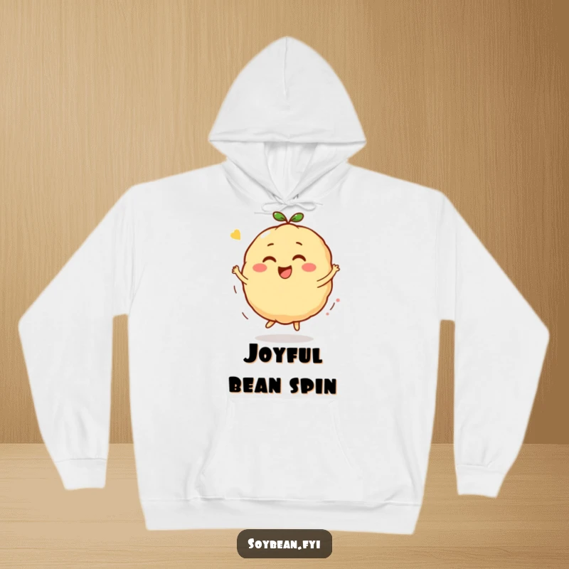 Funny Kawaii soybean character hoodie design, featuring the character in a lively bounce and spin, radiating pure happiness.