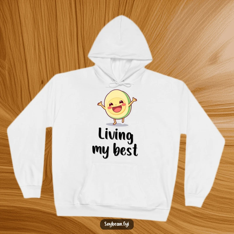 Funny hoodie with a kawaii soybean doing a cartwheel with a grin, combining warmth with energetic and humorous vibes, ideal as a funny gift.