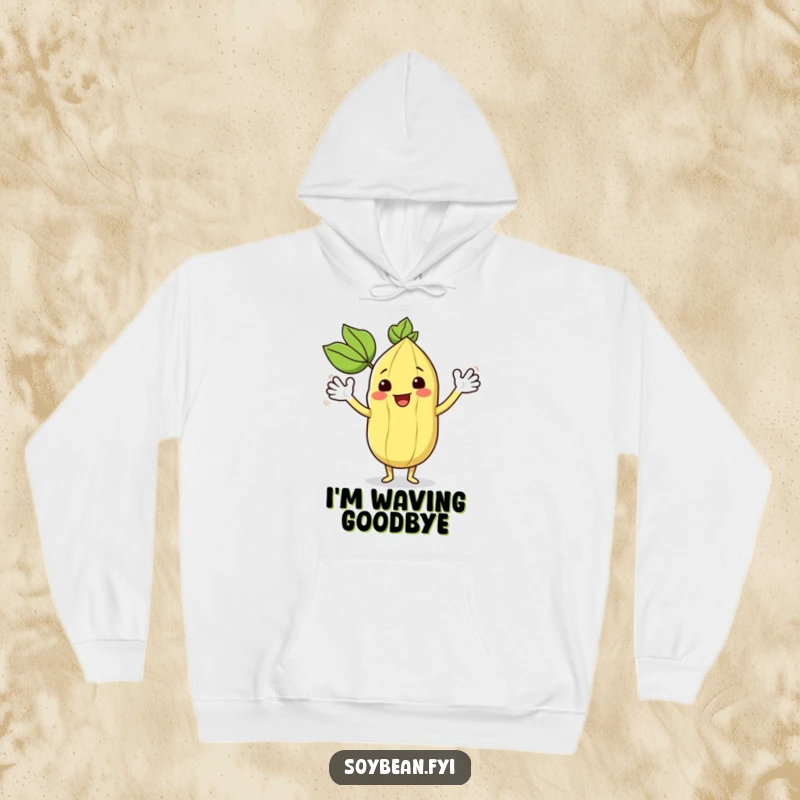 Funny kawaii soybean character enthusiastically waving its leafy arms, depicted on a cozy hoodie.
