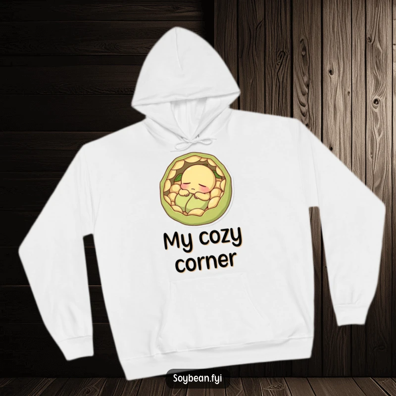 Funny contented soybean napping within pods depicted on a cozy hoodie.