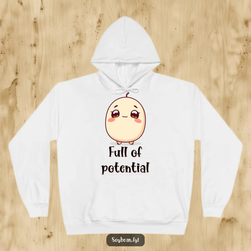 Funny Hoodie: A soybean character looking up with wide, hopeful eyes, conveying a sense of wonder and gentle curiosity in a cozy design.