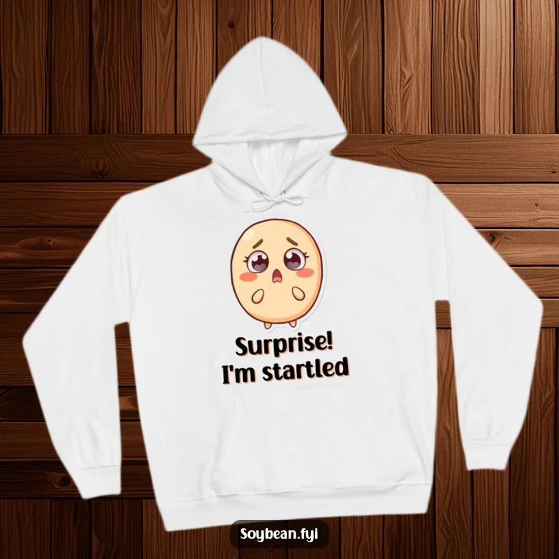 Funny hoodie depicting a startled soybean character with wide eyes, recoiling slightly, perfect for those who appreciate humorous and relatable surprise.