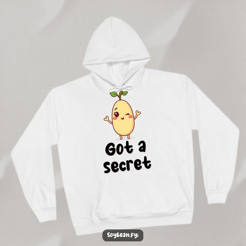 Funny soybean hoodie featuring a playful anthropomorphic soybean with a mischievous wink, waving, perfect for cozy and humorous wear.