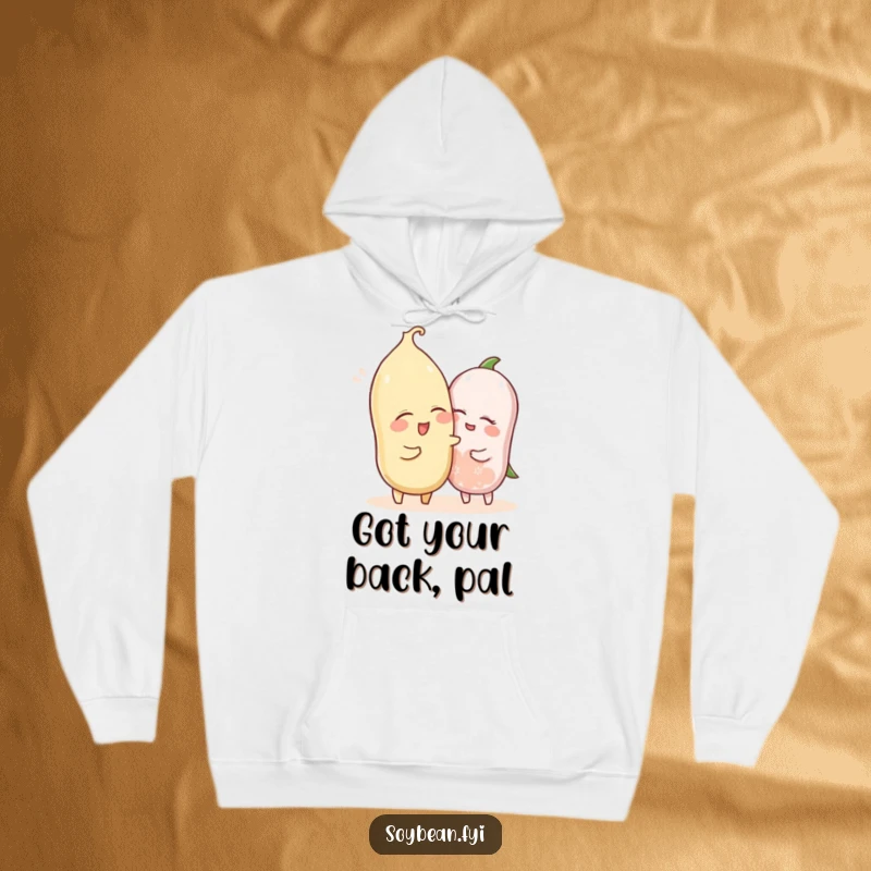Funny hoodie showcasing two soybeans, one winking and playfully nudging the other, symbolizing friendship and shared secrets.