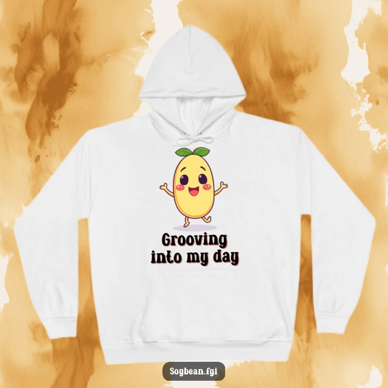 Funny soybean hoodie with an excited anthropomorphic character doing a happy shuffle, perfect for cozy dance moves.