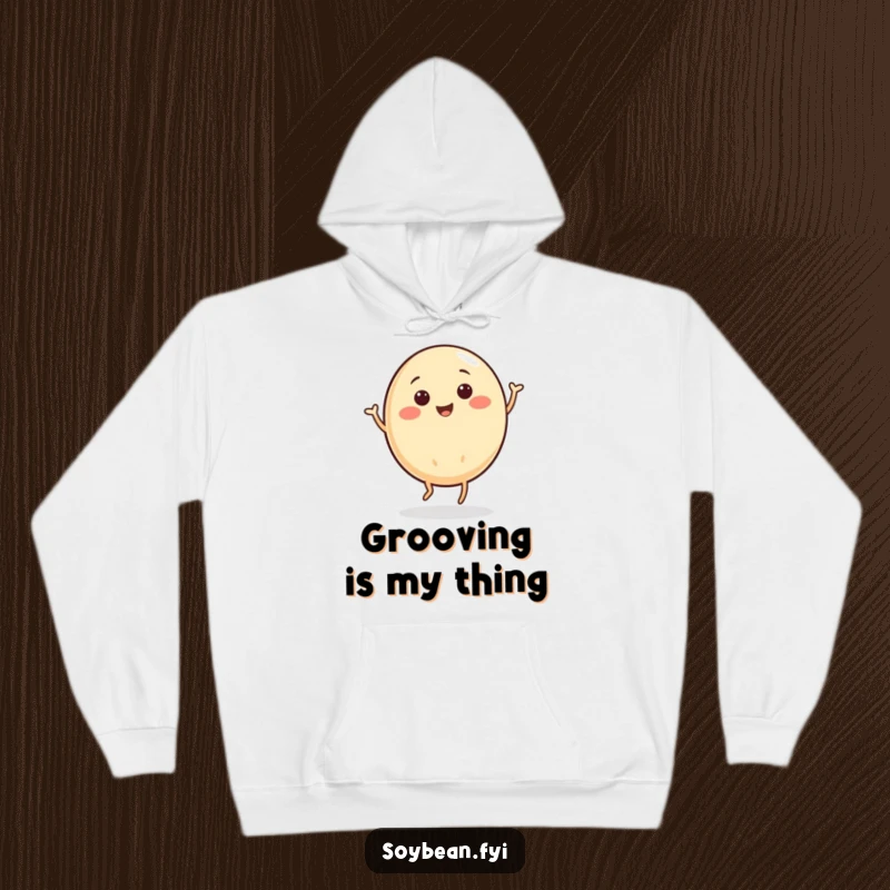 Funny hoodie showcasing a round soybean character doing a lively jig, radiating fun and movement.