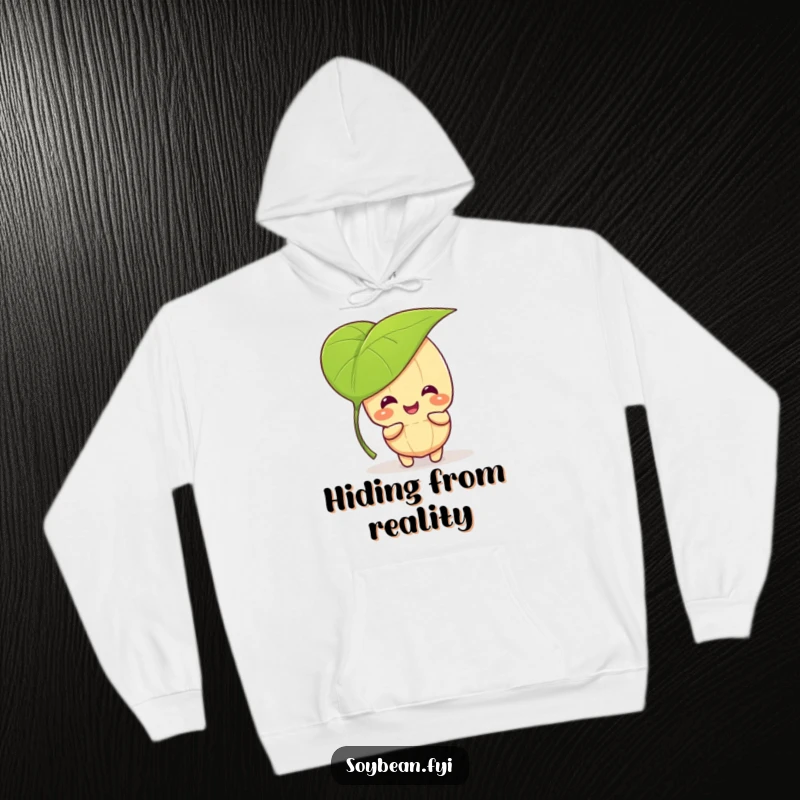 Funny kawaii soybean character giggling while playing peek-a-boo behind a large leaf, depicted on a cozy hoodie.