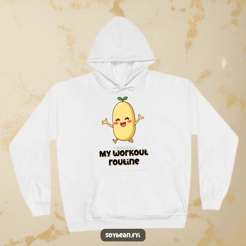 Funny energetic soybean performing a jumping jack on a cozy hoodie, ideal for active individuals.