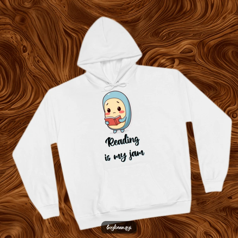 Funny hoodie featuring a thoughtful soybean character holding a miniature book, designed for comfort and a touch of intellectual charm.