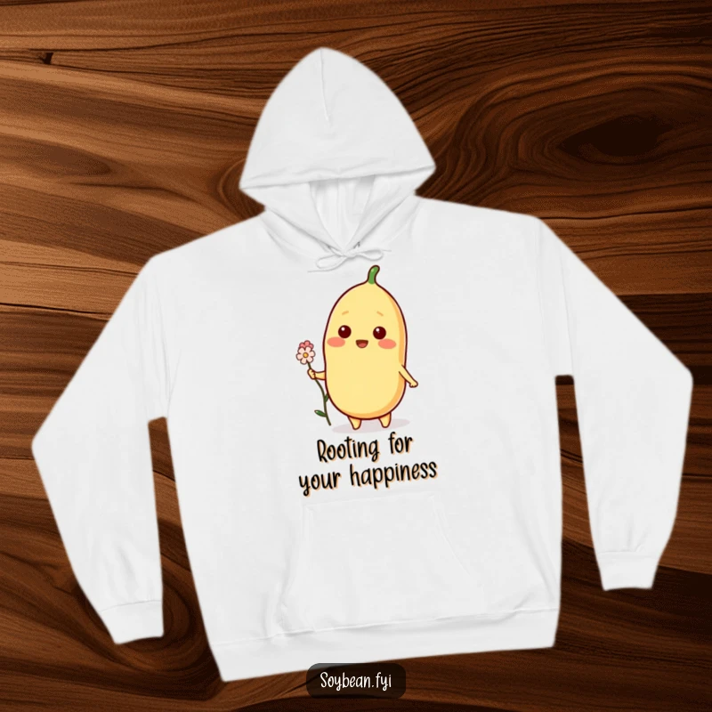 Funny Soybean Hoodie featuring a beaming soybean character offering a tiny flower, ideal for staying warm and spreading smiles.