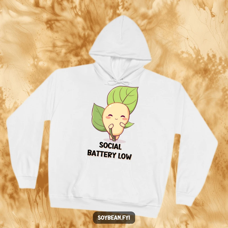 Funny Soybean Hoodie: A shy soybean hides behind a large leaf, offering a blend of comfort and subtle humor.